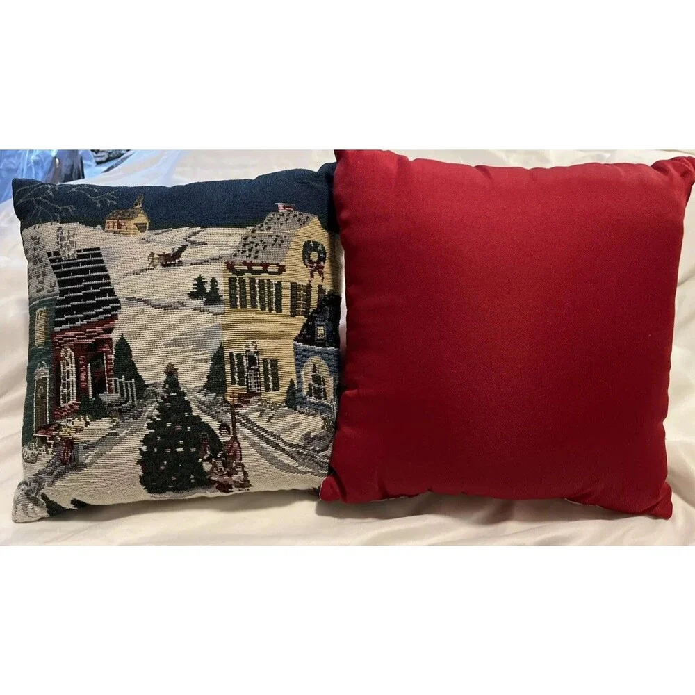 Small Town Christmas  Tapestry Square Throw Pillows 12x12”x4” (2) Vintage